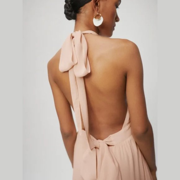 Reformation Andee Maxi Length Dress Champagne Halter Neckline Bow Tie Open Back - Picture 3 of 14